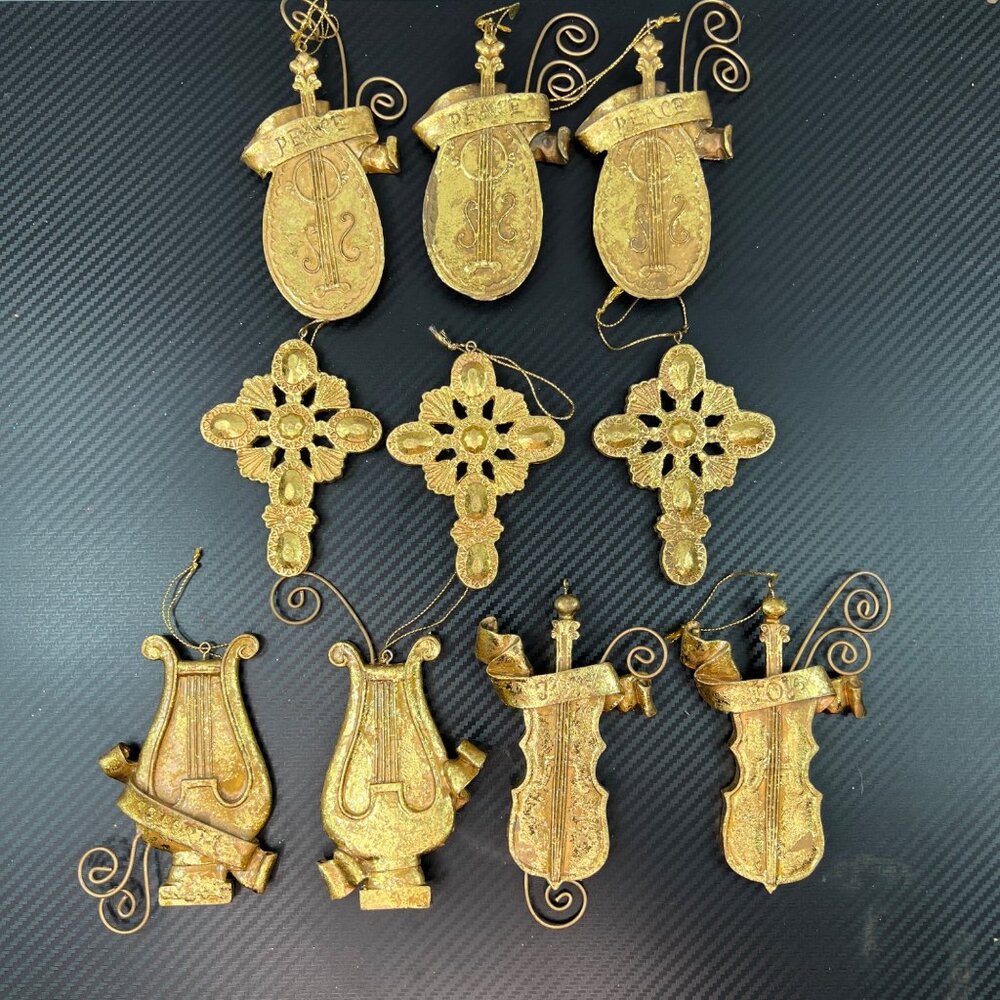 Set Of 10 Resin Gold Christmas Ornaments Musical Instruments & Crosses